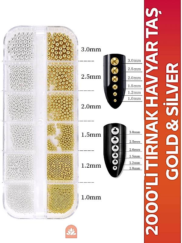 2000 Adet Havyar Taş Nail Art Tırnak Süsleme Boncuk Gold ve Gümüş Renk