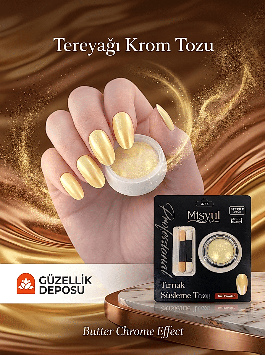 Tereyağı Krom Tozu - Butter Chrome Effect Islak Görünümlü Altın Yansımalı Nail Art Tırnak Süsleme Tozu